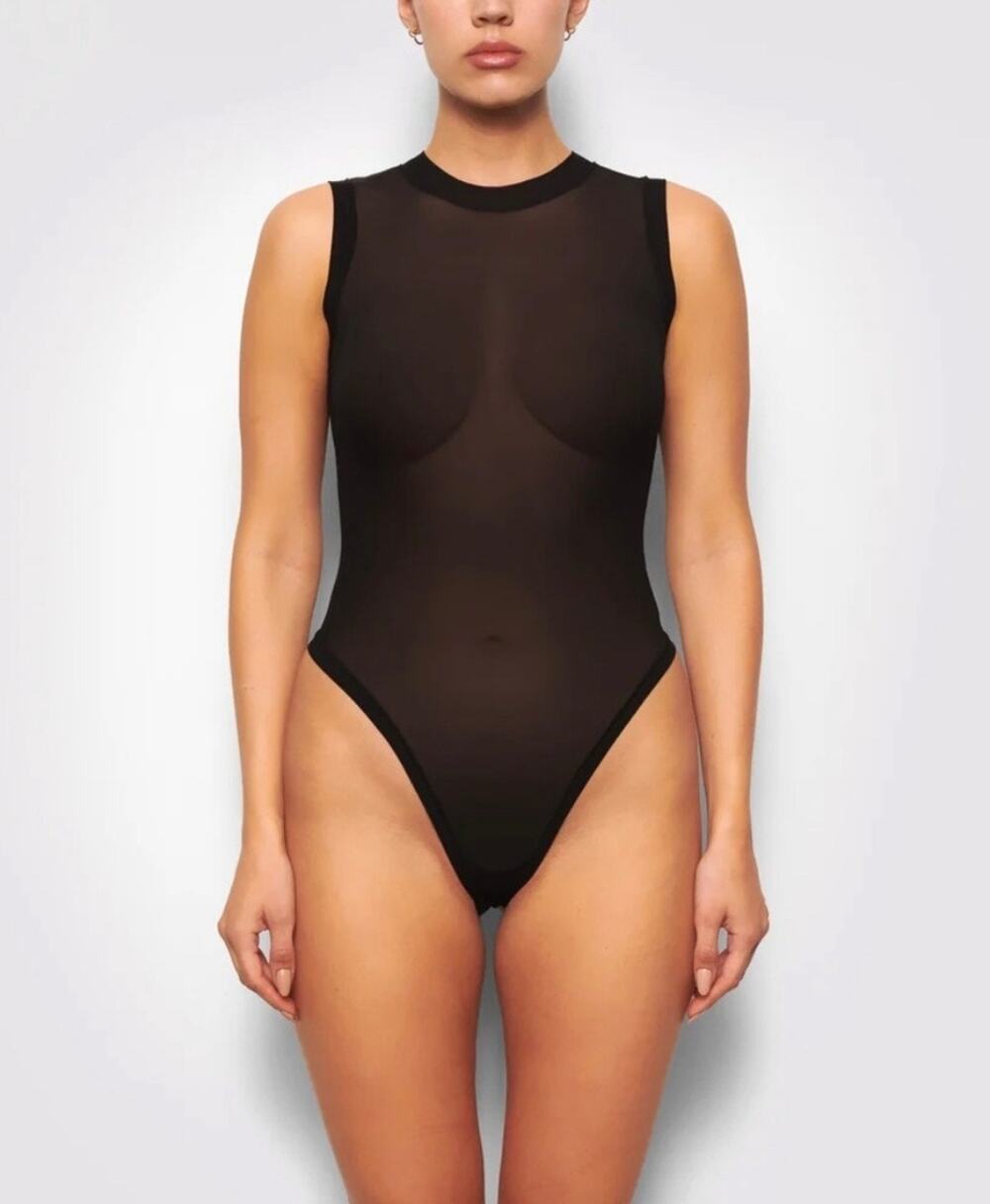 Skims black sheer mesh sleeveless thong bodysuit XL